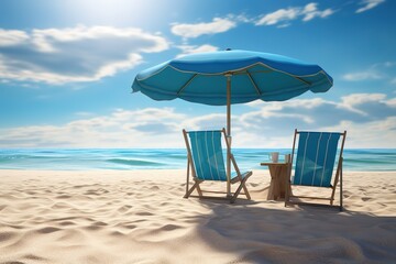 3D rendering, Beach chairs on sand beach with blurred blue sky background.