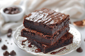 delicious chocolate brownies with melted fudge on a white plate