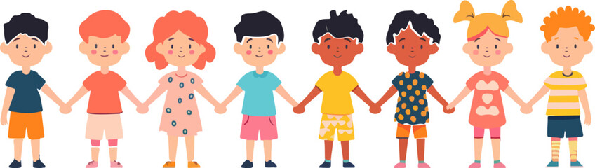 A group of children holding hands in a row