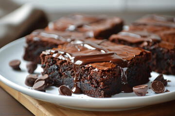 delicious chocolate brownies with melted fudge on a white plate