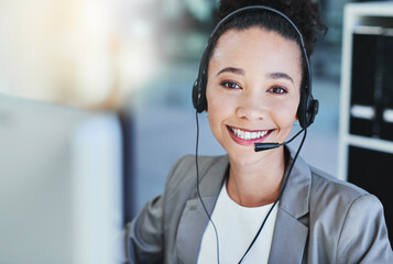 Woman, headset and call center in office, portrait and customer service for conversation and online support. CRM, telemarketing and consultant for career, operator and female person for hotline agent