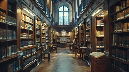 Classic Library Interior with Wooden Shelves and Books