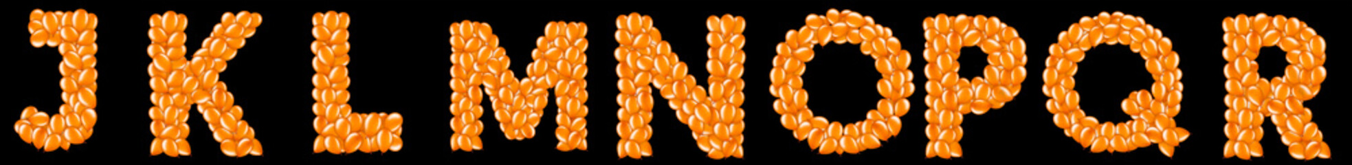 Orange letter R from helium balloons part of English alphabet.