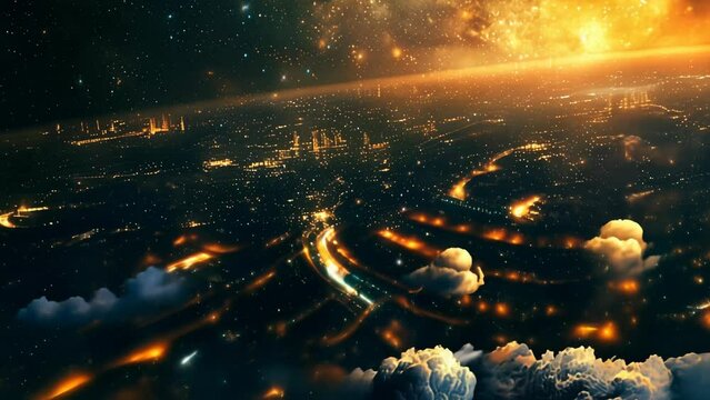 Cosmic cityscape with stars and golden nebula, creating a stunning view of a futuristic city under the vast and mysterious universe