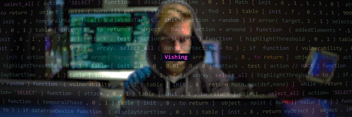 Cyber attack vishing text in foreground screen, Anonymous hacker hidden with hoodie in the blurred...