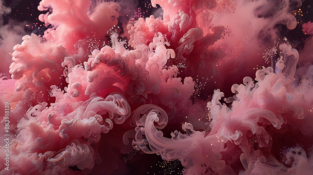 Wall mural A mesmerizing composition of swirling pink smoke adorned with sparkling glitter particles, creating an ethereal and luxurious abstract background. Generative Ai. - Wall murals