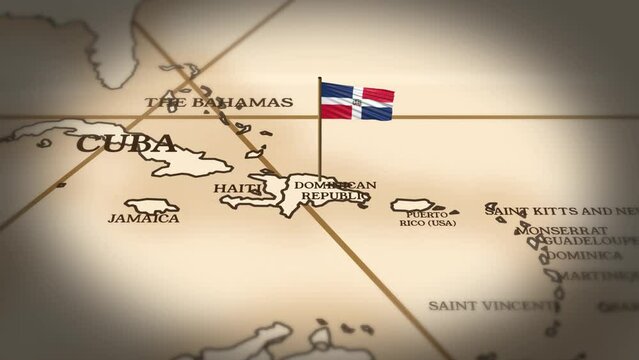 Dominican Republic flag showing on world map with 3D rendering