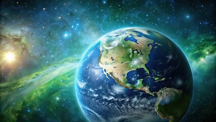 Planet Earth viewed from space with stars in the galaxy, showing the beautiful green surface of the planet, Earth, planet, space