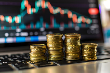 Stacks of Golden Coins on Laptop Keyboard with Financial Chart in Background