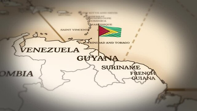 Guyana flag showing on world map with 3D rendering