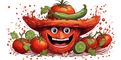 Funny cute cartoon red tomato wearing a sombrero on a white background. Tomato splashes splash around the tomato. Holiday concept La Tomatina. Logo. Annual Spanish holiday, festival