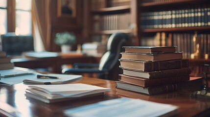 Blurred View of Prosecutor's Desk with Legal Documents and Files