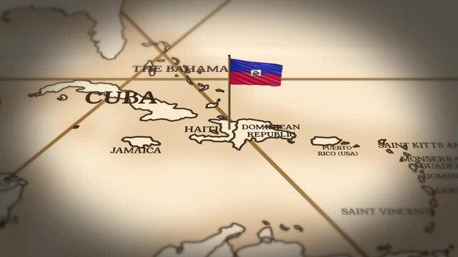 Haiti flag showing on world map with 3D rendering