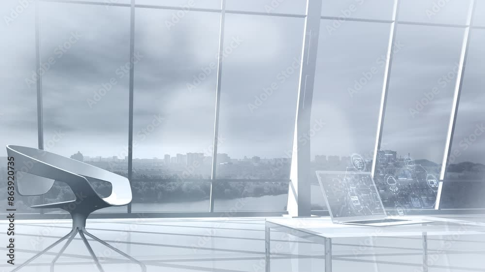 Wall mural virtual flowchart of cloud data in front of office laptop.