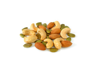 Pile of almonds, cashew nuts and pumpkin seeds