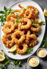 golden fried calamari aioli served white plate, crispy, crunchy, squid, sauce, mayonnaise, creamy, dish, appetizer, delicious, seafood, breaded, lemon, garnish