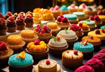 elegant pastry display adorned delicate doilies, bakery, confectionery, showcase, presentation, exhibition, table, event, catering, pastries, cakes