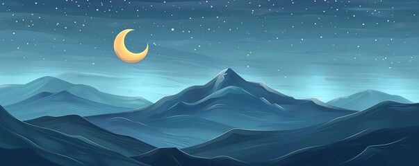 Half moon over mountains flat design top view theme night sky cartoon drawing colored pastel