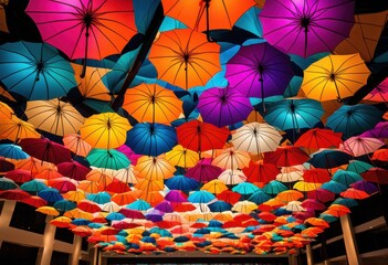 Obraz premium vibrant hanging umbrellas display ceiling installation, decor, colorful, interior, design, decorative, suspended, overhead, colors, whimsical, decoration