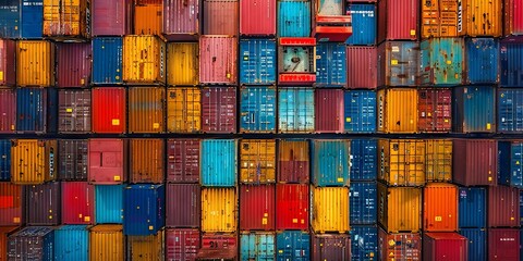 Fototapeta premium Aerial View of Stacked Shipping Containers in Various Colors and Sizes