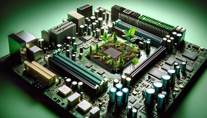 Eco-friendly microchip with leaves on circuit board
