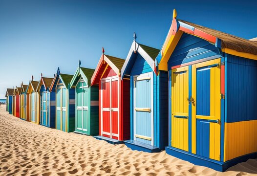 vibrant beach huts aligned row sandy coastal summer scene, colorful, colors, oceanfront, picturesque, seaside, vacation, waterfront, tropical, bungalows - Powered by Adobe