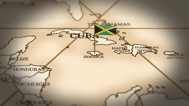 Jamaica flag showing on world map with 3D rendering
