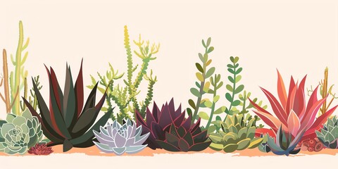 Succulent garden flat design front view theme desert cartoon drawing Triadic Color Scheme