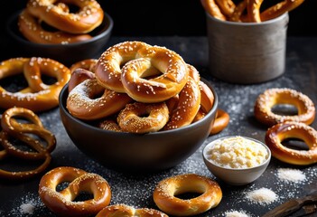 Naklejka premium freshly baked soft pretzels coarse salt tangy mustard delicious snack concept, bread, dip, food, savory, tasty, texture, twist, wheat, appetizer, goods, salted