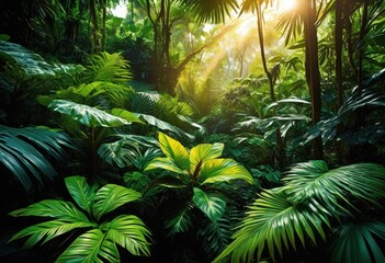 Naklejka premium lush tropical foliage bathed sunlight filtering through canopy, greenery, dense, vibrant, leaves, trees, branches, shadows, nature, exotic, flora, plants, growth