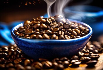 Fototapeta premium freshly roasted coffee beans steaming cup wooden table, aroma, preparation, method, origin, technique, cupping, grinder, roaster, shop, consumption, trends