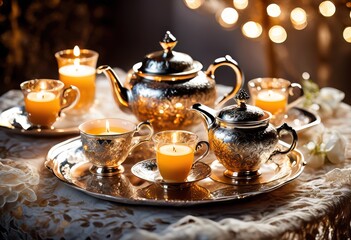 Fototapeta premium elegant tea set shimmering fairy lights background, porcelain, vintage, silver, delicate, cozy, festive, celebration, magical, decor, glowing, ethereal