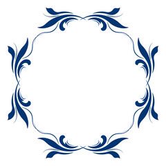 Blue leaves on white background. Folk floral square frame vector illustration. Ethnic paisley mandala ornament. Vintage floral design element. Fantasy geometric shapes for decor clothes, home, etc.