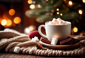 cozy christmas scene hot cocoa miniature tree, warm, festive, tiny, small, holiday, drink, decorative, ornament, lights, snow, winter, season, comfortable