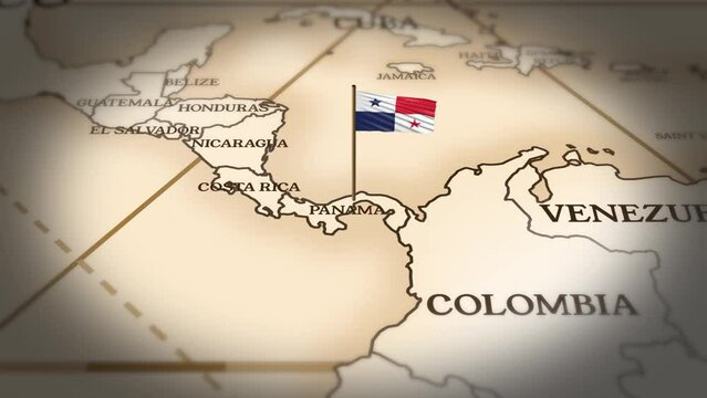 Panama flag showing on world map with 3D rendering