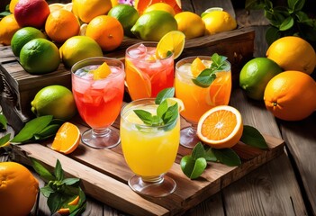 vibrant citrus punch display assorted citrus fruits picnic table, colors, oranges, lemons, limes, grapefruits, fresh, juicy, summer, outdoor, yellow, green