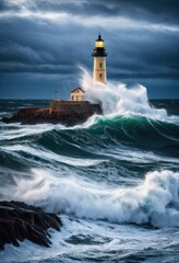 dramatic ocean waves crashing lighthouse, sea, water, splashing, beacon, stormy, storm, coast, cliffs, spectacular, spray, seashore, rocks, storming, seascape,