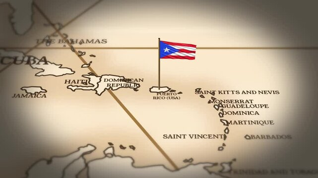 Puerto Rico flag showing on world map with 3D rendering