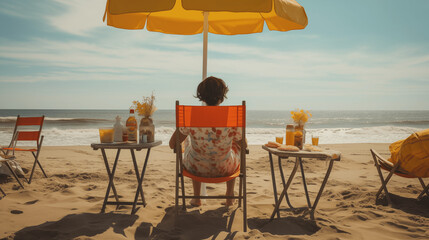 Photographie dans un style s&eacute;pia, retro, &agrave; l'ancienne. Vacances, voyage, s&eacute;jour. &Eacute;t&eacute;, soleil. Personnes sur une plage, profitant de la vie, avec une boisson. Pour conception et cr&eacute;ation graphique. 