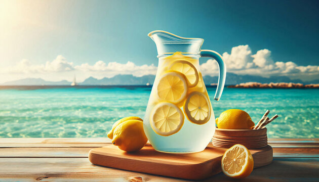 Sommerliches, erfrischendes Limonadengetr&auml;nk oder Cocktail auf einem Tisch am Meer. Frische, gesunde Zintronenlimonade. Wasser mit Zitrone
