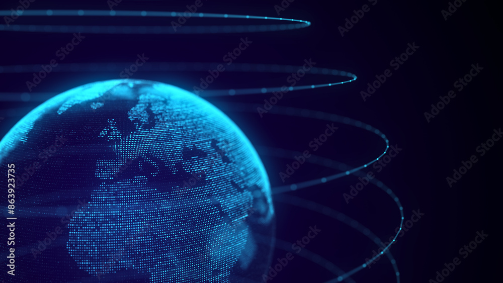 Fototapete Global world network concept. Safety wireless network connection technology. Big data analytics and visualization. Science background with blue planet Earth. 3D rendering.