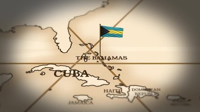 The Bahamas flag showing on world map with 3D rendering