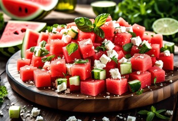 refreshing watermelon feta salad crisp cucumber mint leaves, juicy, sweet, tangy, healthy, summer, delicious, red, green, white, tasty, vegetarian, appetizer,