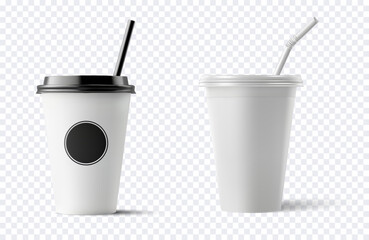A set of realistic 3D coffee cups with straws, perfect for representing takeaway beverages, coffee shops, and drink-related themes. Ideal for promotional materials, menus, and digital illustrations.