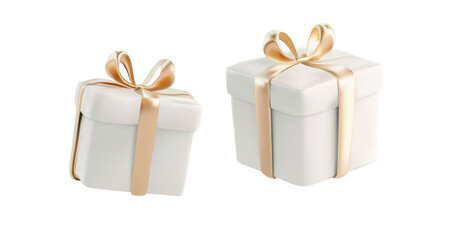 A pair of elegant 3D gift boxes adorned with golden ribbons. Perfect for special occasions, weddings, anniversaries, and luxury gift presentations. Ideal for greeting cards and promotional materials.