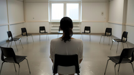 Solitary Prisoner in Empty Group Therapy Room with Circle of Chairs
