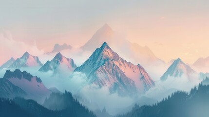 Snow-capped mountains at dawn, glowing in pastel hues with the first rays of sunlight. A tranquil and breathtaking scene. Generative AI