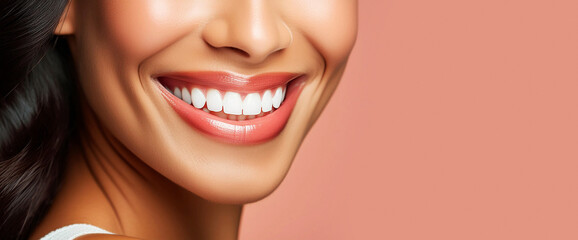 Charming female smile with dazzling white teeth. Beautiful cute smiling young brunette woman showing excellent dental health and hygiene against a pink background with copy space. Generative Ai.
