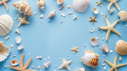 Summer beach blog design with seashells frame on blue background top view plenty of space for text