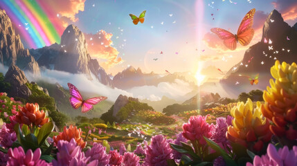 Dream-like kitsch candy-colored landscape with swarm of flying tropical butterflies